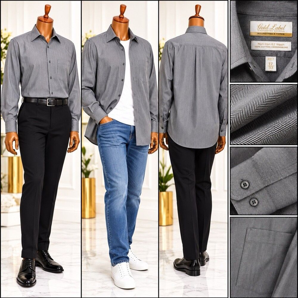 Gold Label Roundtree & Yorke Men's 17 Non-Iron 33 Gray Herringbone Dress Shirt